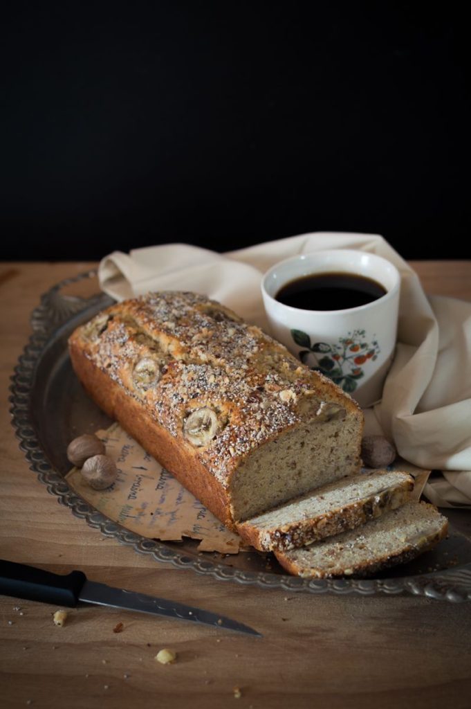 kefir banana bread with cup of coffee