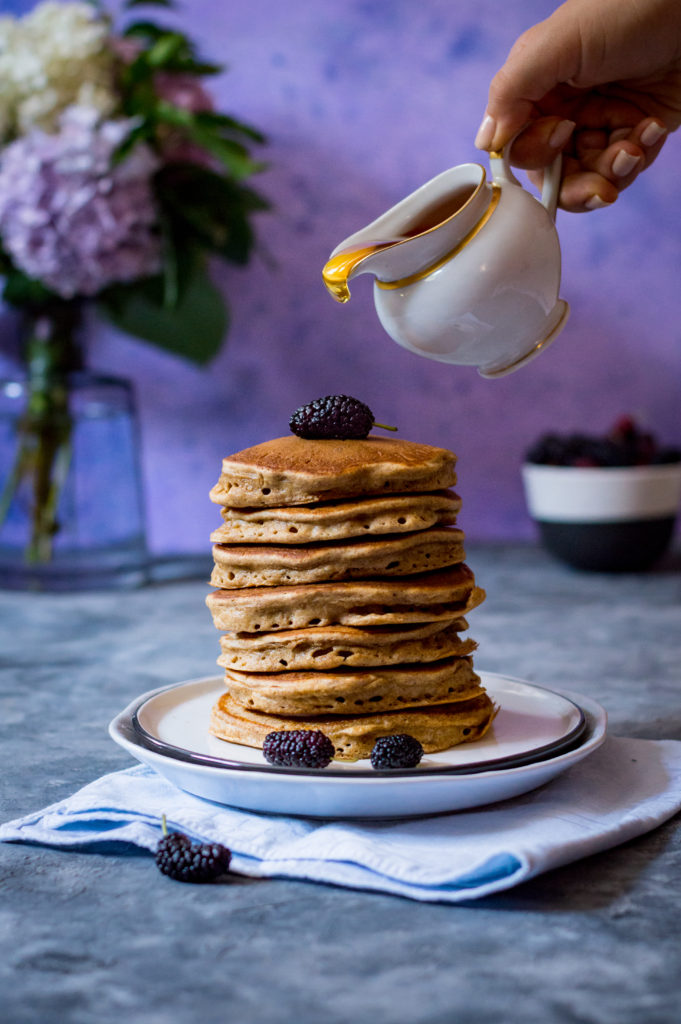 Wholewheat pancakes with honey and mulberries