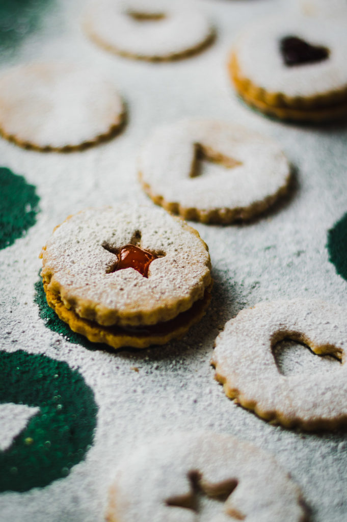 Close up of Linzer cookies