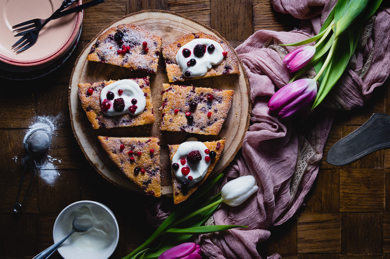 no measure yogurt cake, served with dollop of greek yogurt and berries