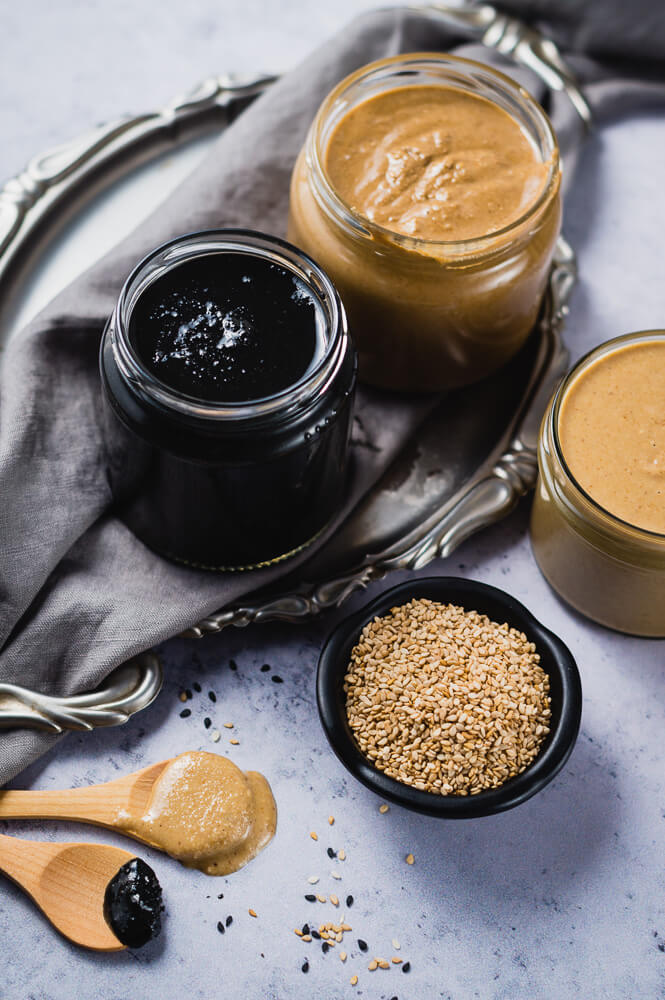 Black tahini, white tahini and golden tahini paste made at home