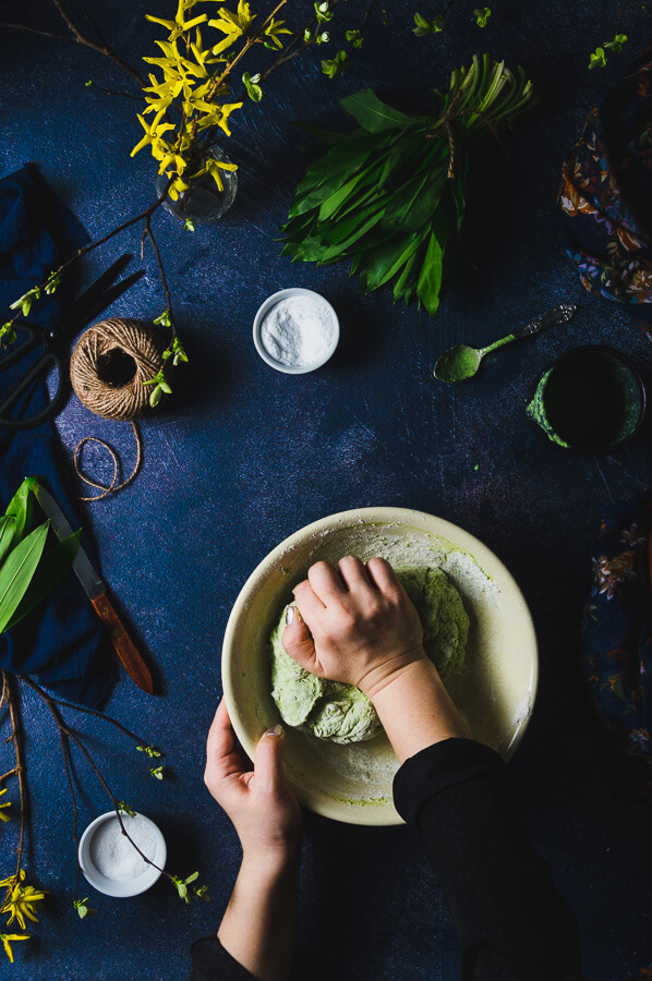 kneading all ingredients for making wild garlic soda bread