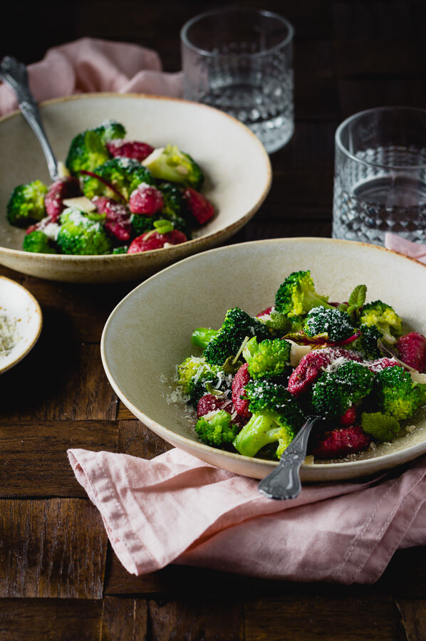 beetroot gnocchi with brown butter sauce and broccoli