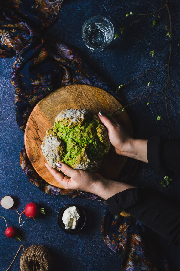 wild garlic soda bread being served on a cutting board