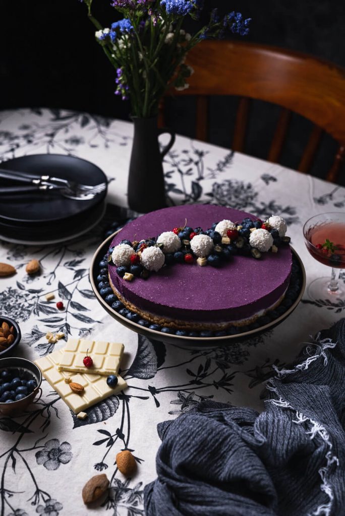 no-bake blueberry cheesecake served on the table