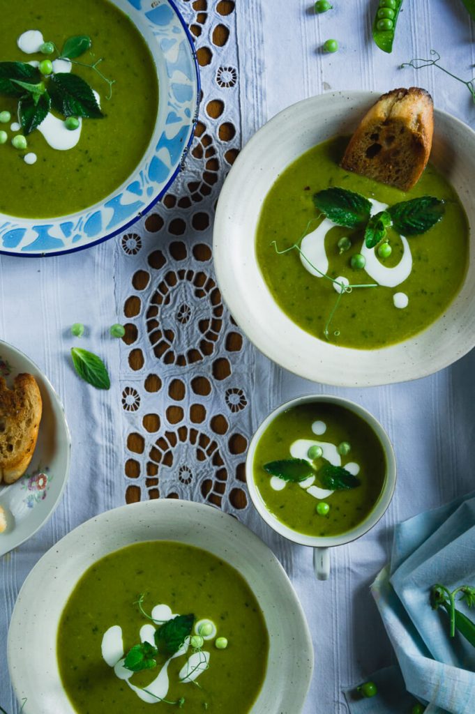 creamy pea mint soup, view from above