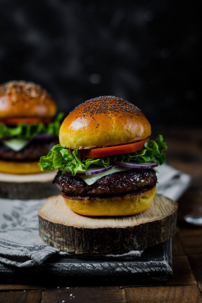 two brioche burgers with meat patty