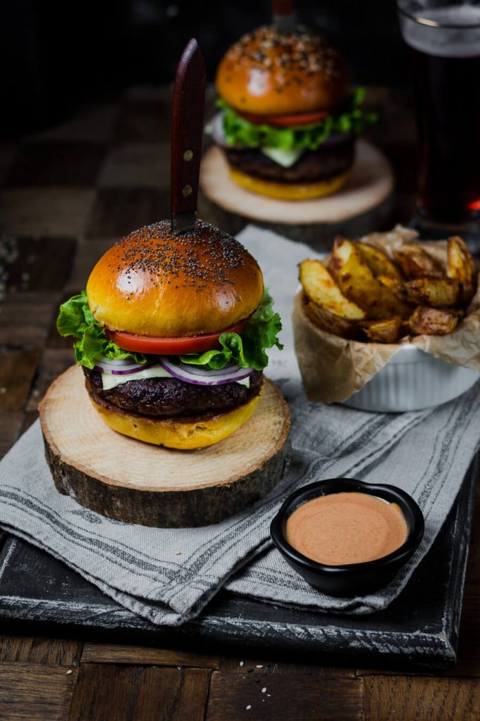 homemade brioche burgers with crispy oven baked potatoes