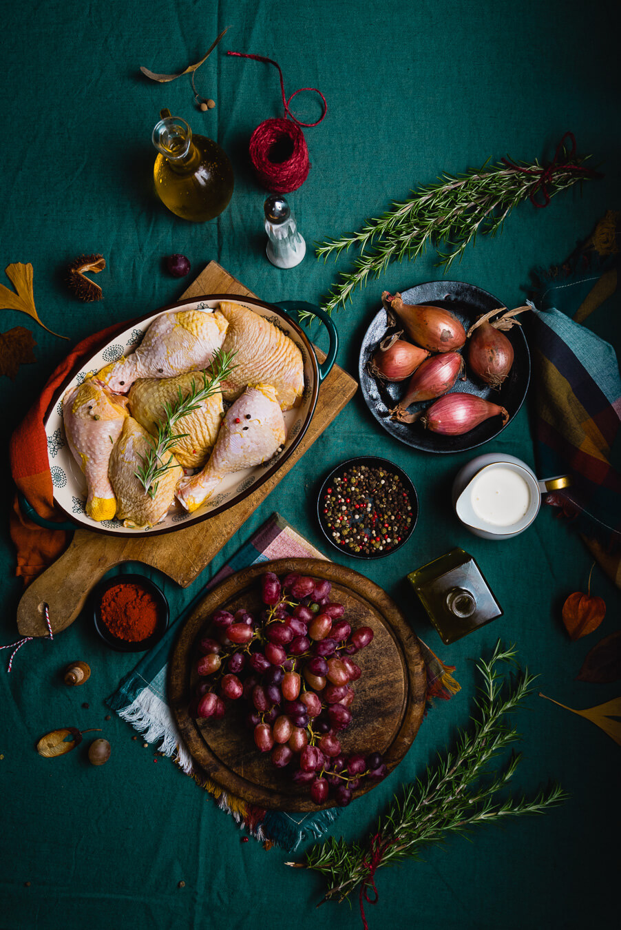 ingredients for making chicken in white wine sauce with rosemary and grapes