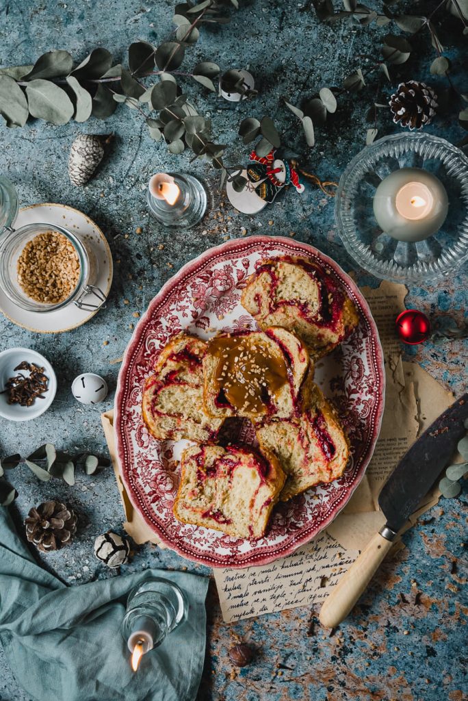 freshly sliced raspberry brioche babka