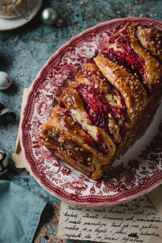 freshly baked raspberry brioche babka