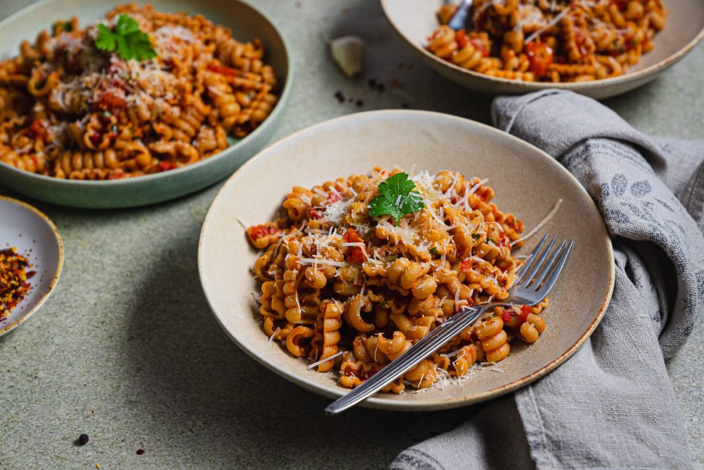 whole wheat pasta arrabbiata served in plates