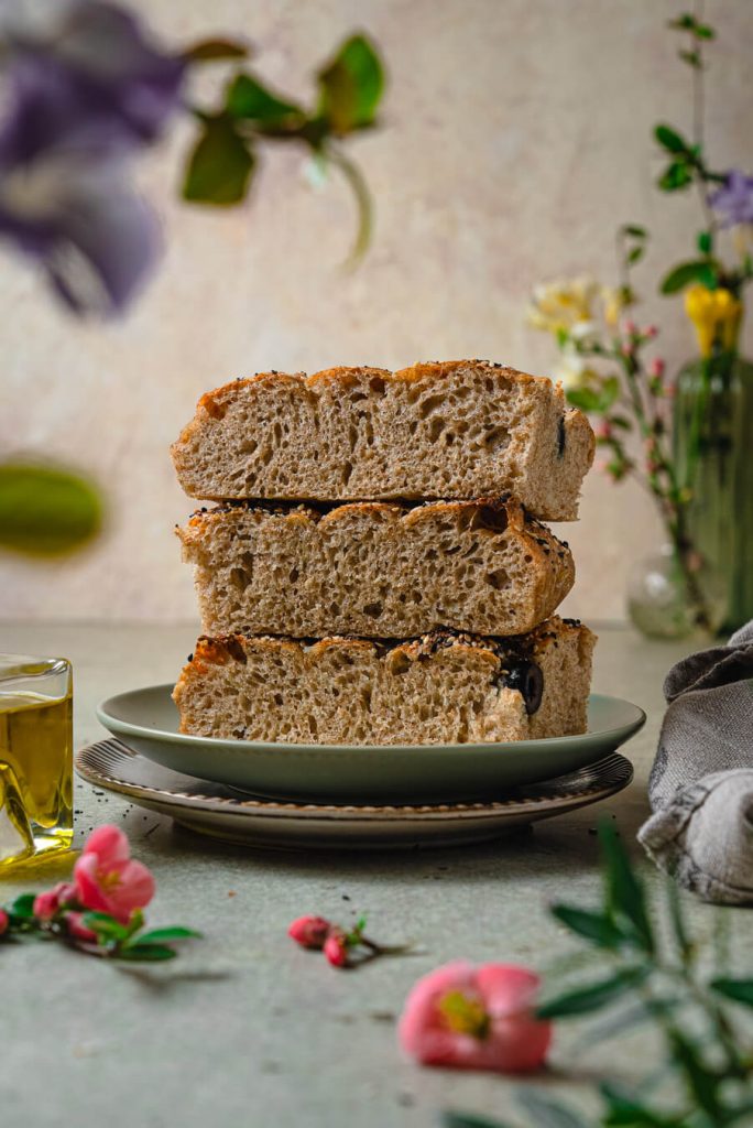 no knead overnight whole wheat focaccia stack