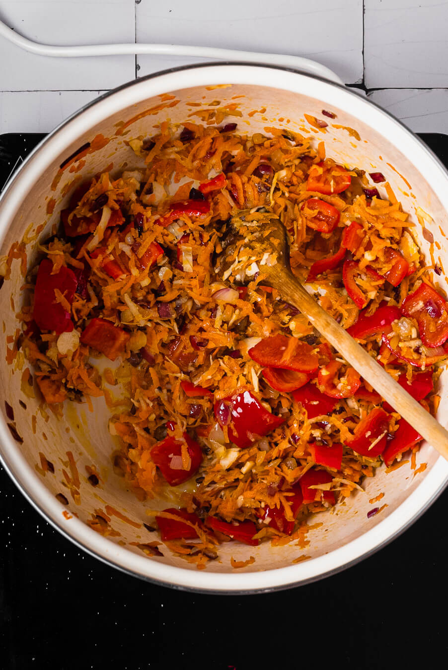 sauteing the vegetable base for homemade ketchup