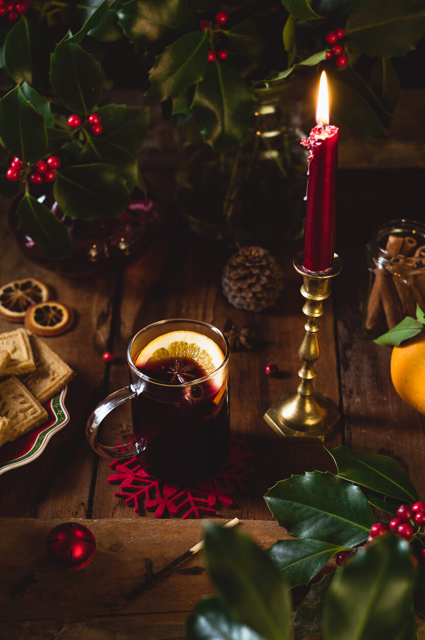 red  mulled wine served in a glass cup