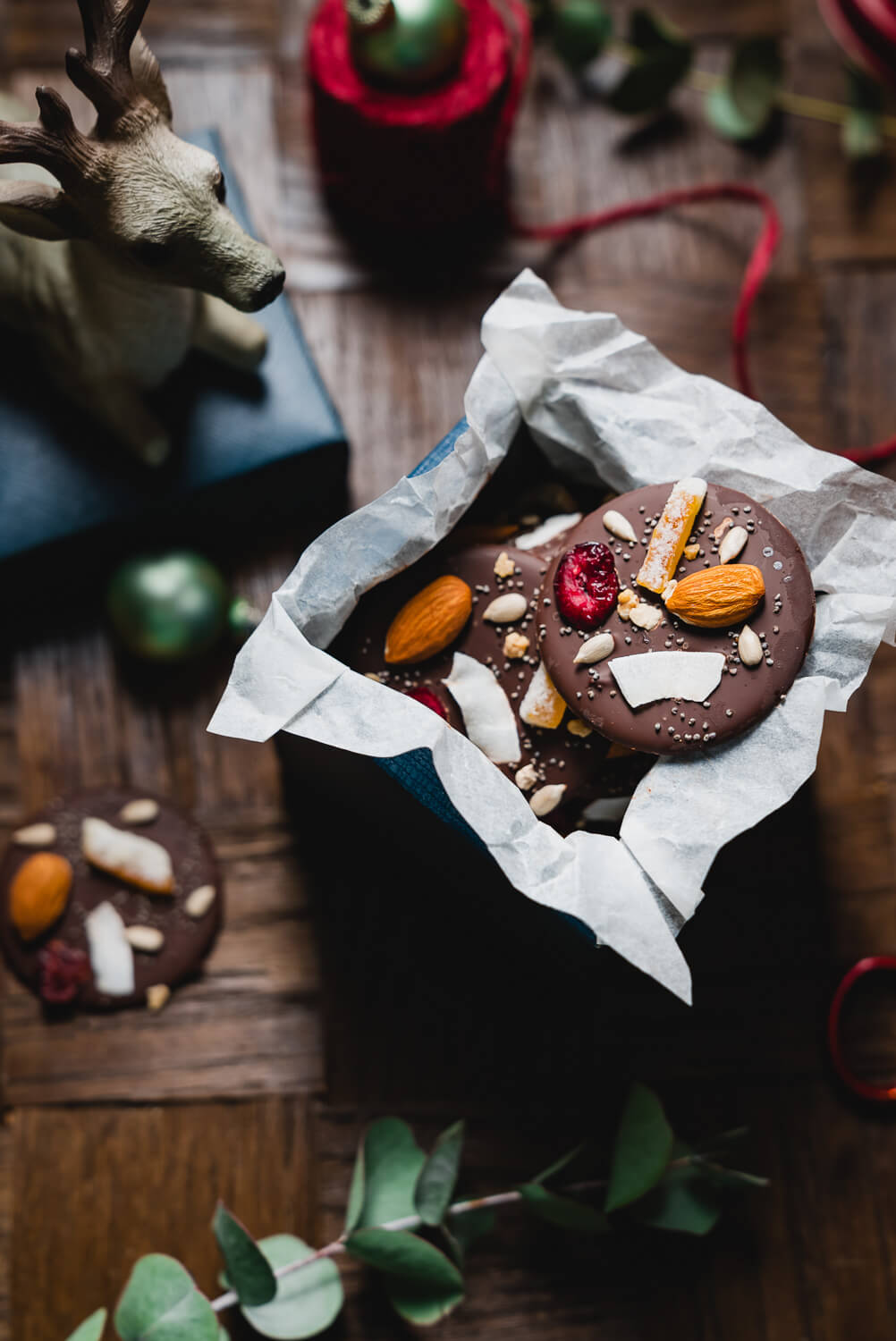 chocolate mendiants wrapped up as a Christmas gift