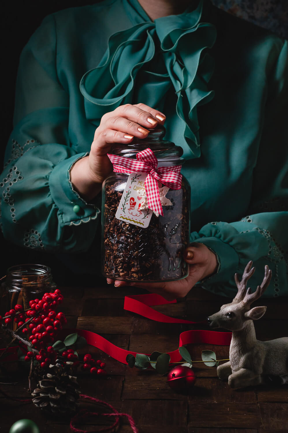 chocolate tahini granola in a Christmas jar