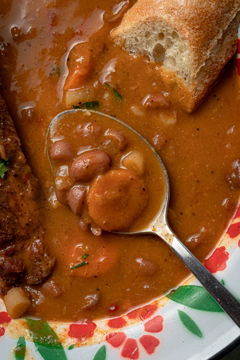 croatian bean and meat stew (grah varivo), served in an old school plate