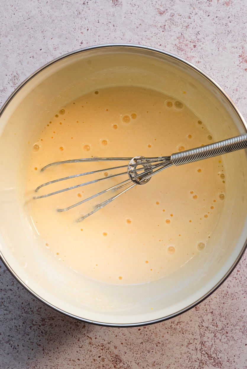whisked wet ingredients prepared for making pancake batter