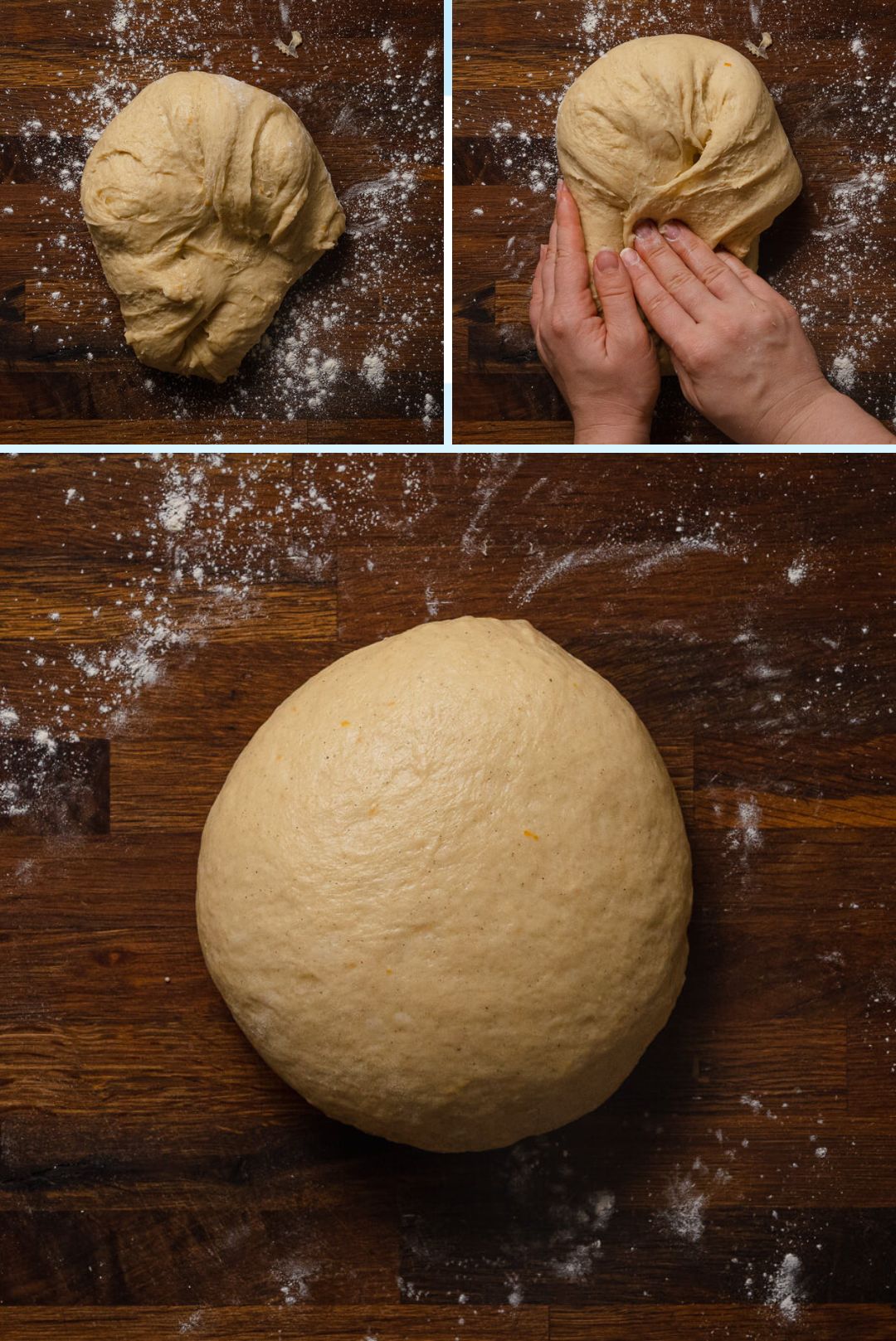 the step by step process of shaping the dough for jam filled buns (buhtle)