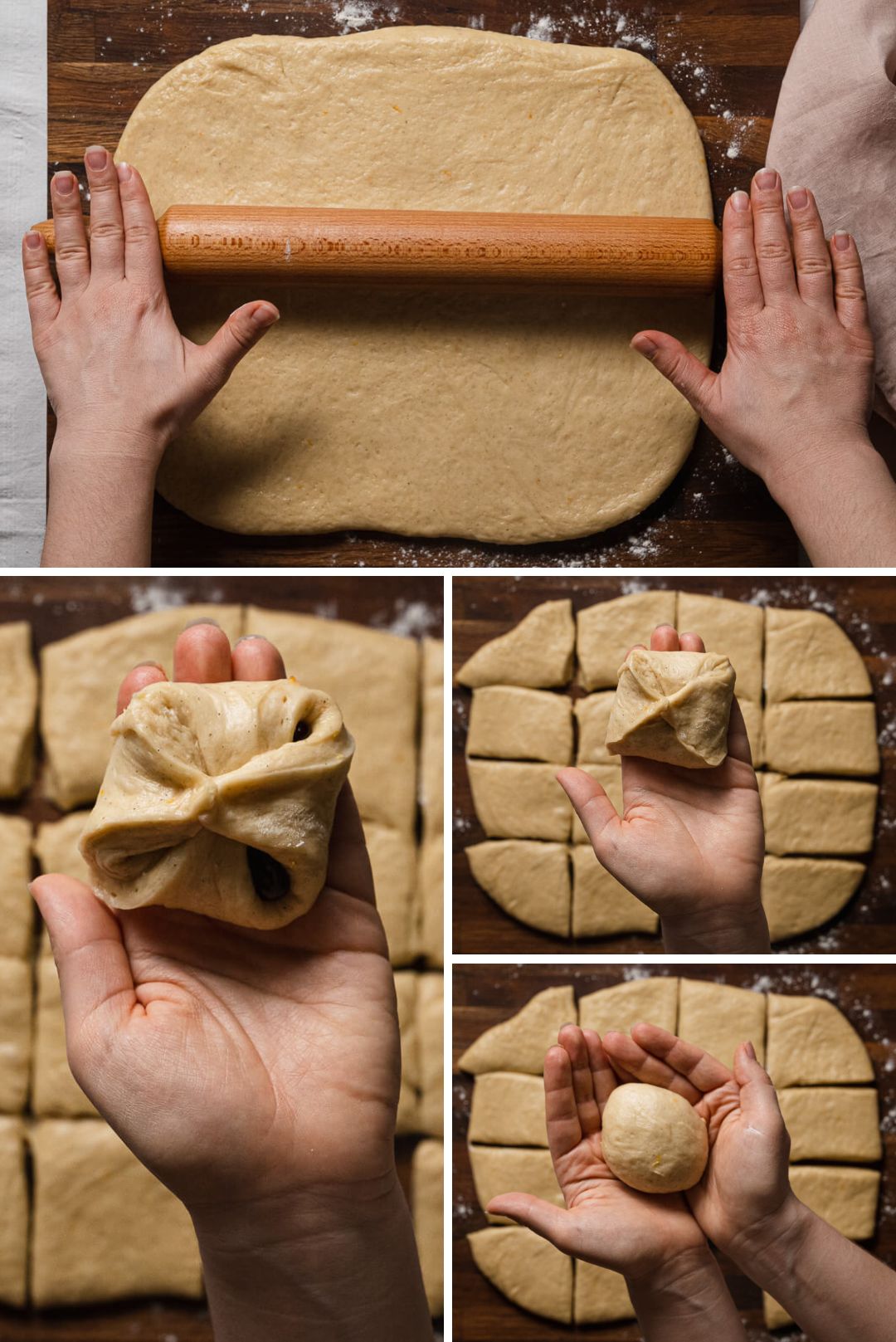 rolling the dough, filling it with jam and shaping into buns