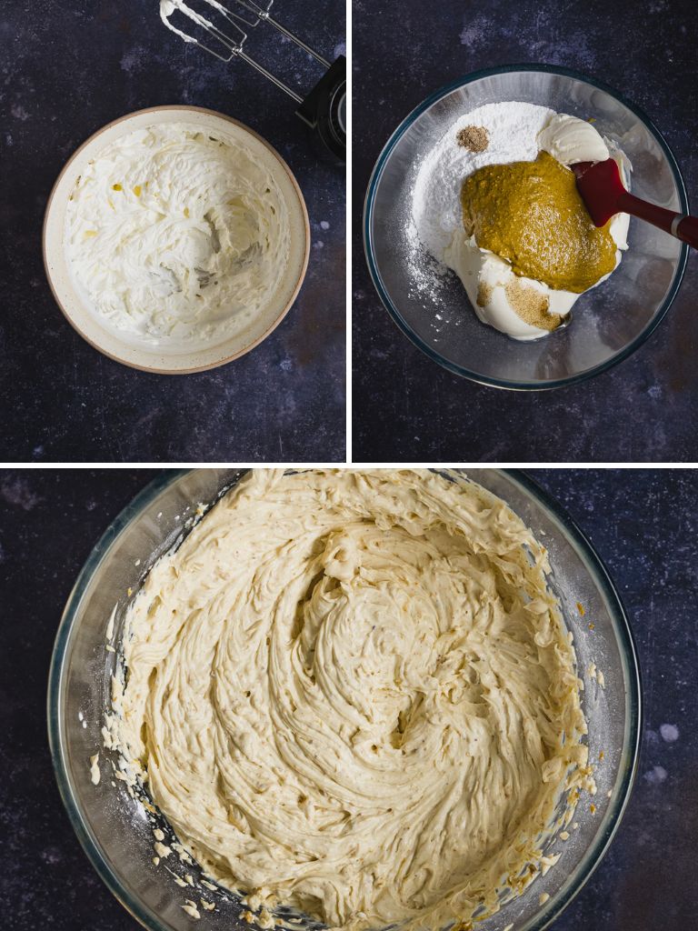 making the mascarpone pistachio cream for pistachio blueberry tiramisu