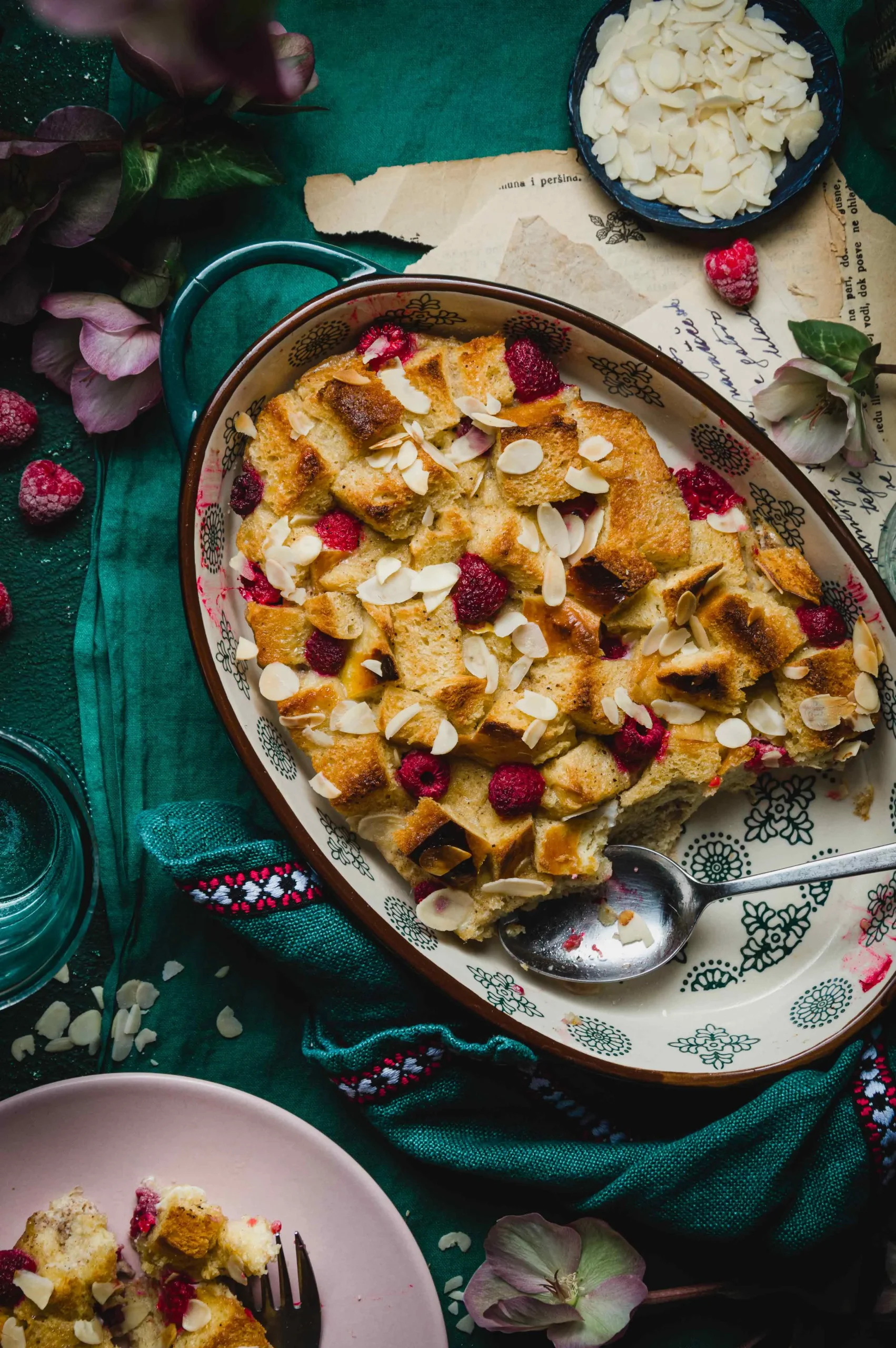 bread easter pudding made from croatian pinca bread, with almond flakes and raspberries