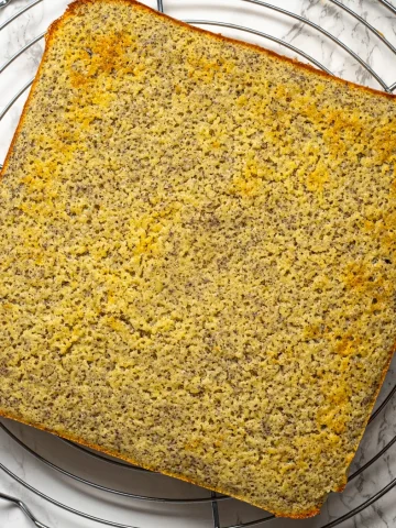 freshly baked poppy seed cake, cooling on the cooling rack
