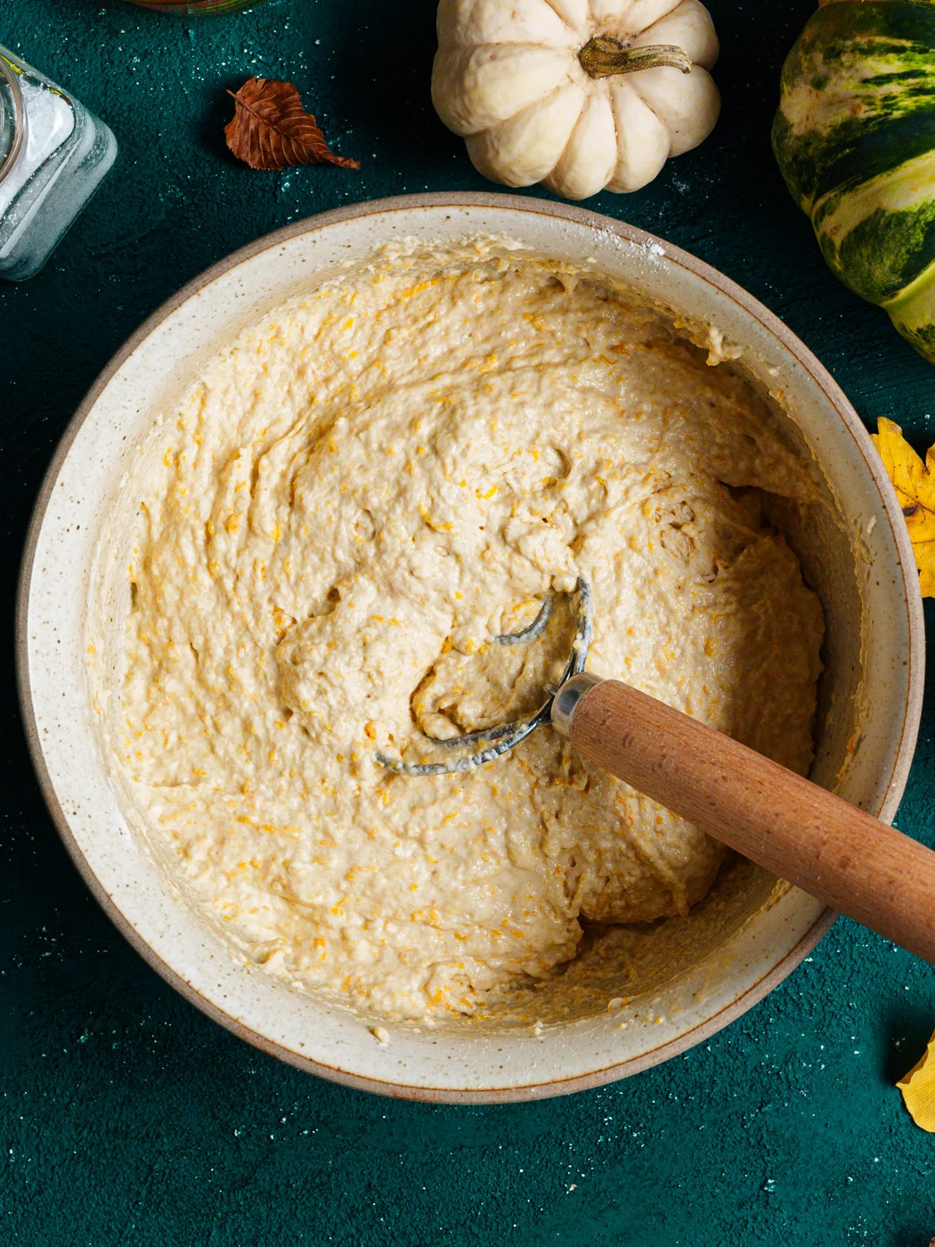 mixing dry and wet ingredients for pumpkin focaccia, with Danish hook
