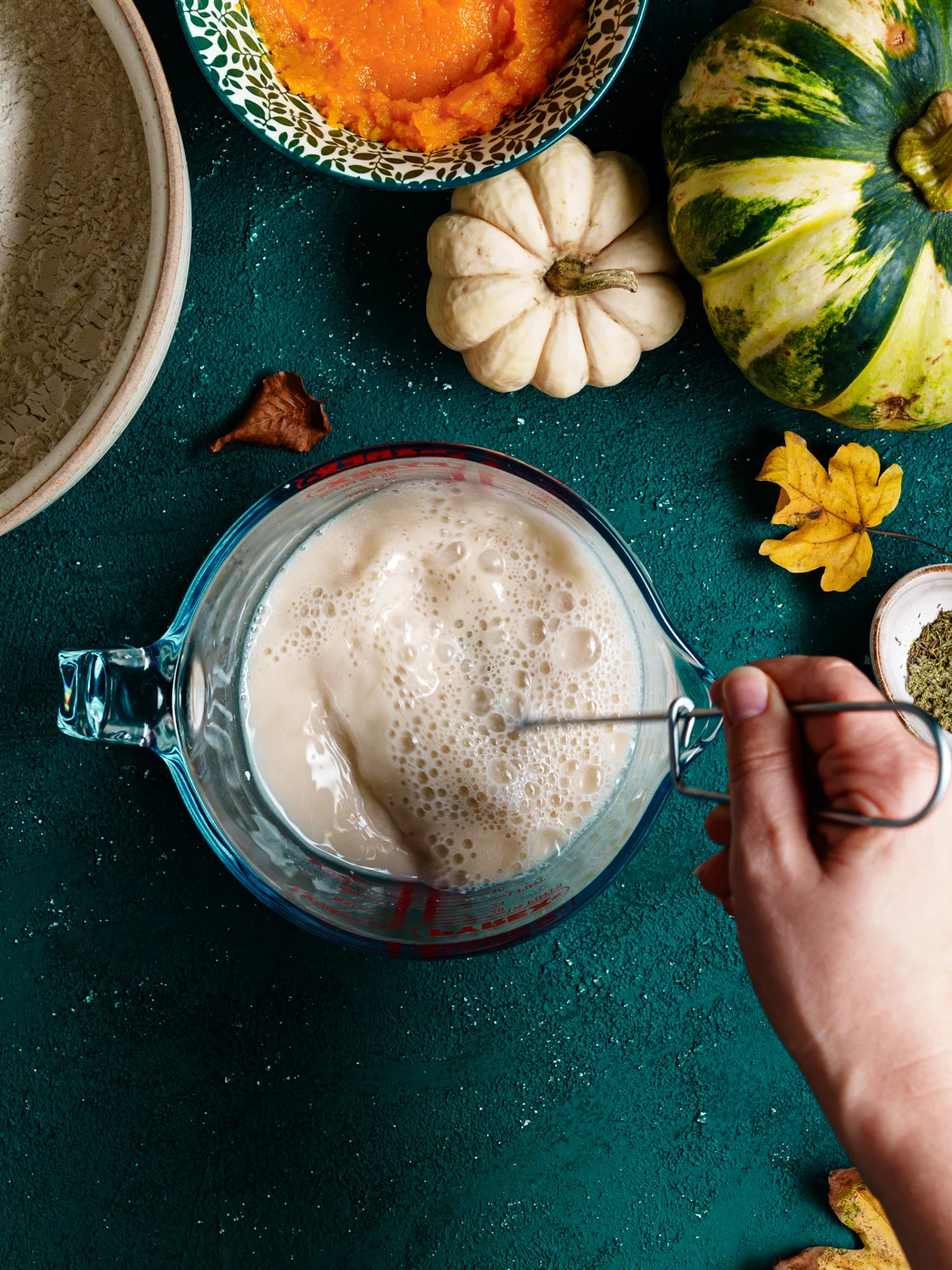blooming the yeast for pumpkin focaccia