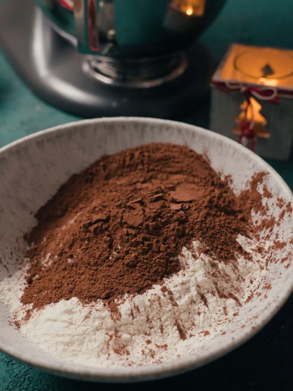 adding cocoa powder to the flour